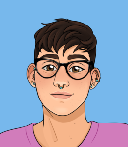 Digital art self portrait of Kay Claire. Brown short hair, brown eyes, large glasses, psale skin, multiple ear piercings and one nose piercing.