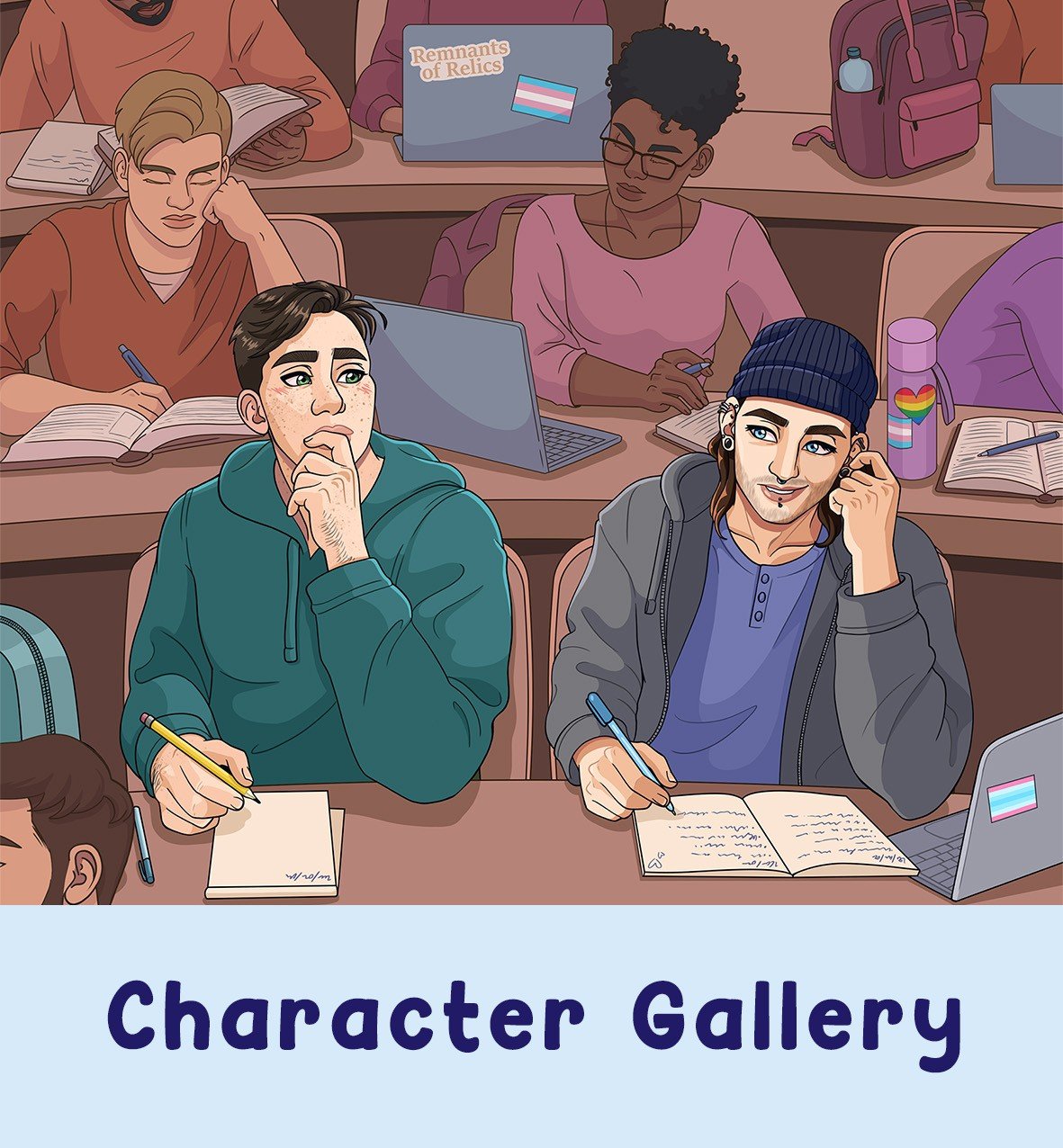 digital art of two men glancing at each other in a lecture hall. Caption CHARACTER GALLERY. Click on this to see my character gallery.