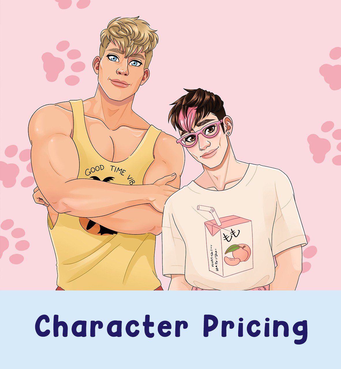 Digital art of JJ and Seb from Wish Lists Lead to This. Caption: CHARACTER PRICING. Click on this image to see my character pricing.